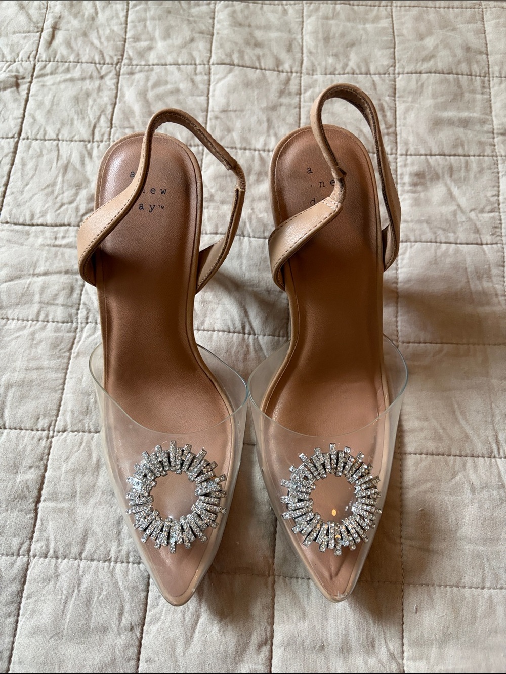 a new day Nude Clear Slingback Heels with Crystal Sunburst Accent